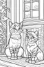 Placeholder: coloring page for kids, Cats on the porch, cartoon style, thick lines, low detail, no shading