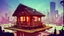 Placeholder: small Wooden European Cabin, In cyberpunk city-skyline, comic style