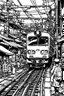 Placeholder: Tokyo railway area, line arts, manga style