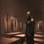 Placeholder: a dark art gallery filled with classical paintings and a man in a leather jacket in the corner