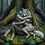 Placeholder: an anthropomorphic wolf-man hybrid in dark gray body hair and anthropomorphic wolf-female hybrid with pale gray body hair lie down hugging each other with paws on their backs on blue-green moss around brown huge trunks trees, raini day, high contrast, high detalied, high realistic, around in background giant tall alien trees, atmospheric, dark fantasy, sci-fi mood