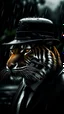 Placeholder: primer plano de un tigre con gorro, traje y sobre todo negro, en un día lluvioso, melancólico, en ambiente misterioso de 1800