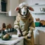 Placeholder: A sheep in the shape of a sheep, wearing a cooking outfit that looks the same color as its skin, in the kitchen, cooking