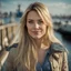 Placeholder: sweet woman 25 years old, with long blond hair, facial skin with very noticeable irregularities and pores, face with wrinkles and irregularities, two nasolabial wrinkles on the face, wrinkles near the eyes, bags under the eyes, sun, against the backdrop of a seaport, strong wind, photography, camera Nikon