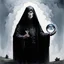 Placeholder: Blind gnostic seer with milky white blank eyes, holding a glass globe with an eye in it, stylish oil painting, Ted McKeever style, by Zdzislaw Beksinski, ink wash oil painting that appears ancient, dark shine, by Victor pasmore