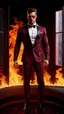 Placeholder: Hyper Realistic Photographic View of a handsome muscular Fire-Superhero wearing long-fancy-Maroon-tuxedo damask-patterns on it & wearing fancy-red-sunglasses with flame-embers-around-him & standing on a vintage-crafted-balcony & maroon-open-fancy-windows & fancy-damask-wallpapers on walls at dark night showing dramatic & cinematic ambiance.