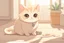 Placeholder: cute fluffy chibi beige cat measuring fever in a modern room in sunshine