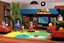 Placeholder: [1960’s stop-motion animation style in the living room] a 70s humour funny advertisement video TV featuring The Brady Bunch, Gilligan's Island, Laugh-In, The Partridge Family as a claymation character toy from a claymation horror movie in burning rainbow land, from hell, creepy Videos, eyeballs and trees everywhere , as old advertisement shot on video VHS