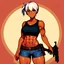 Placeholder: A tomboyish style woman with short white hair and a ponytail and black stripes, Defined slighly muscular body short jeans and a balck crop top with tribal tattoos bad girl face and style with tanned skin and with a gun pixiv