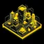 Placeholder: isometric sci-fi city at night, shiny neon lights, black background --ar 3:2 Coin, symmetrical, flat icon design Target, symmetrical, flat icon design Vase, symmetrical, flat icon design 3d typography of the letter A, on a yellow background, chrome shiny texture, ridges, minimal