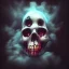 Placeholder: abstract photographic camera mixed with skull in dirty style. fog and smoke in atmosphere. bokeh, lens flare. Dark mood. Dripping paint. oil on canvas, mixed media, high detailed.