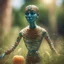 Placeholder: electric egyptian mummy t-pose upper body of made from tinted murano glass in long grass inspecting a melon ,bokeh like f/0.8, tilt-shift lens 8k, high detail, smooth render, down-light, unreal engine,bokeh like f/0.8, tilt-shift lens 8k, high detail, smooth render, down-light, unreal engine