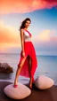 Placeholder: very nice real face beautiful sexy roman with make up at the beach leaning to a big rock,in a short lace red and silver dress, full body, 3D cloudy sky volumetric nice clouds 8k sharp focus,sunset,golden hour,medium shot