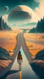 Placeholder: road with sci-fi landscape and woman looking down at small spaceship with planet