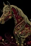 Placeholder: whimsical, horse, intricate detail,, illustration, burgundy, black, gold