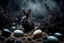 Placeholder: dark fantasy land with mystic, fog, deep cloros, burning landscape with mist, dark fantasy plants, silver and onix crystal eggs lying in sand, pale lights, rocks, weird surreal big dark rabbit-bird mutants, dark fantasy mood, sureal, high quality, high contrast, cinematic, atmospheric, weird mood