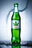 Placeholder: Captivating and hyper-realistic image of a futuristic cola bottle called "Kannabis Kola". The bottle has a sleek design with a prominent modern logo of a green cannabis leaf. Frost covers the bottle, creating a frosty effect with water droplets forming on its surface, emphasizing the freshness of the drink. The liquid inside appears green, adding a vibrant touch to the overall design. The minimalist bottom allows the innovative and eye-catching bottle to take center stage