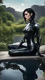 Placeholder: Fantasy Photo Of A Woman With Black Hair, Wearing A robot-looking catsuit, Sitting sideways On A Ledge next to a Pond, With A Planet Behind Her Head