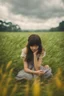 Placeholder: A girl lying in the middle of grass field while contemplating, detailed expression, heavy rain weather, the rain wet her face, the field is transformed into a dreamlike landscape straight out of a Studio Ghibli movie. The delicate details and vibrant colors make this a truly unique and captivating image. angle from below