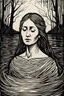 Placeholder: create a deeply powerful tragic, heart wrenching, and evocative, woodcut of the Lady of the Lake, with highly detailed and deeply cut facial features, in the style of KATHE KOLLWITZ , searing lines and forceful strokes