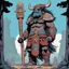 Placeholder: [mexican comics Head Lopper style by Andrew MacLean] Borak, a towering tauren chieftain, wields an ancient totem pole with sacred carvings. Surrounded by spiritual energy, he calls upon the power of the Earth Mother to protect his people.