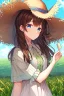 Placeholder: A girl with long dark brown hair, with a straw hat on her head, blue eyes, dressed in farm clothes
