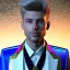 Placeholder: Portrait of an handsome smiling man, galactic, glitter blue velvet suit with jewels and stripes, blond hair, blue eyes, cinematic lights unreal engine 5, 4k, high details, beam and stars in background, blue and purple