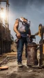 Placeholder: full figure shot photography of two turkish dirty burly construction workers chubby sweat 55 years old in tank top, safety vest, manly chest ,in queue on a sidewalk,, photorealistic, sunlight, summer, ambient occlusion