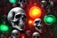 Placeholder: hundreds of non-anatomically correct, dark comic art, graphic novel,human skulls stacked into a wall unusual neon lighting, high velocity, 64k, dystopian, vray, a picture of a dark, comedic, anatomically correct wall of colorful tightly packed skulls of varying sizes and expressions, photo realistic, insanely meticulous, highly detailed, part of a collection of bones on display, 64k, dystopian, vray ,made with stained glass