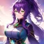 Placeholder: girl, masterpiece, best quality, volumetric lighting, detailed outfit, perfect eyes, purple hair, long hair, green eyes, ponytail, messy hair, hair in between the eyes,