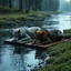 Placeholder: one gray and one brown fantasy anthropomorphic wolf-human hybrids creature in body hair lie exhausted and wet on their stomachs on two wooden boards next to a deep river, on the opposite bank in the distance, hour-long, thick-trunk trees are faintly visible, grass, mud, rain, high realistic, detailed, cinematic, sci-fi, digital art, dark fantasy mood