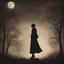 Placeholder: Create a vintage-style image with a sepia-toned color palette, depicting a silhouette gently dissolving into the dark night. The figure should be caught in a moment of melancholic tranquility, appearing to merge with the moonlight that filters through the scene. Incorporate illicit sparkles reminiscent of a long-gone time, flickering against the subtle, somber backdrop. Add delicate red as a subtle highlight, using selective color to draw the eye to specific elements within the composition. The