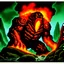 Placeholder: 90's fantasy tcg art of a molten lava rock monster