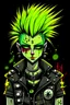 Placeholder: Cartoon alien creature ,spiky neon-colored hair,dark,smoky eye makeup. black leather jacket with punk band patches,safety pins.