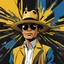 Placeholder: Gustavo Petro, comic style artwork, dark yellow, black and blue, with wide-brimmed hat, with white shirt, calm, without glasses