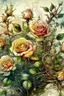 Placeholder: magic sketch, delicate drawing, watercolor painting, beautiful landscape, a branch of lush non-pink lace roses with buds, many large and small flowers, buds, different shades of color, pixel graphics, many details, sensuality, realism, high quality, decoration, hyperdetalization, professionally, filigree, hyperrealism, backlight, contrast, fantastic, fabulous, unreal, translucent, luminous, clear lines, light green, bluish background at the top, white edges