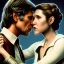 Placeholder: carrie fisher kissing harrison ford, waist up portrait, intricate, oil on canvas, masterpiece, expert, insanely detailed, 4k resolution, cinematic smooth, intricate detail , soft smooth lighting, soft pastel colors,