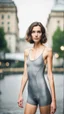 Placeholder: beautiful anorexic young woman, total shot, grey triathlon swimsuit, short brunette wavy bob hair, blurred city background