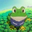 Placeholder: A green frog smiling with a big light blue hat on, wearing blue work overalls, skipping and dancing around. Bokeh, fisheye.