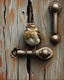 Placeholder: Small brown wren with intricate feathers perched on a weathered barn door, the door is cracked and rotting with a rusting handle, intricate woodgrain patterns with peeling paint, rusted bolts, deep textures, acrylic art, highly detailed
