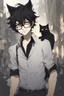 Placeholder: Anime style man with messy black hair and black cat ears. gold eyes. Glasses