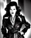 Placeholder: Geena Davis as femme fatale in a leather coat. black and white. film noir. hollywood. low key. contrast. cold lights. high detailed.