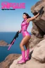 Placeholder: SNIFFIN’ GLUE magazine high res photo cover "This Will *NEVER* Stop!": a warrior woman in camo leotard one foot on each bank of the strait of Hormuz a big pink gun in her hand, legs spread: right foot on a cliff, left foot on the other side (special issue: the strait of Hormuz, March 2026) a supertanker, explosions and crude oil in the background