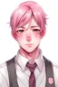 Placeholder: pink haired man with pale skin and brown eyes wearing a school uniform