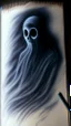 Placeholder: pencil drawing of a ghost. Spooky, scary, halloween, colored pencils, realistic, black paper