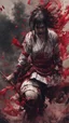 Placeholder: Tall girl samurai, face distorted with pain, screaming, tears streaming from eyes, siting pose, fullbody, splashes blood, behind guts rising from the ground, intricate, darkred tones, macro photography,