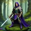 Placeholder: An aristocratic ranger, a blend of cool defiance and weary wisdom, sits on a mossy boulder in a vibrant, breathing deep forest. They are clad in detailed, forest-green leather armor with intricate gold filigree, a dark purple velvet cloak, and robust, customized boots, cradling a fine broadsword. A long-stemmed pipe emits swirling plumes of colorful, fragrant smoke around their face, which is partly smiling and contemplative. The forest environment is alive with glowing bioluminescent fungi, anc