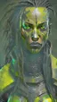 Placeholder: A woman has tanned skin, yellow eyes and black dreads. Her face show her superiority in the eyes of others. She is dressed in a steel armor with a few pieces of yellow and green fabric sticking out.