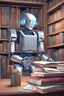 Placeholder: The library is serviced by computers, and there are many books on the shelves. The robot sits at the table and searches for books in the catalog in the computer Expression. High-quality drawing, 8K