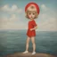 Placeholder: 1970s, blond Little girl , in the style of Margaret Keane, she is standing on a red balloon over the sea